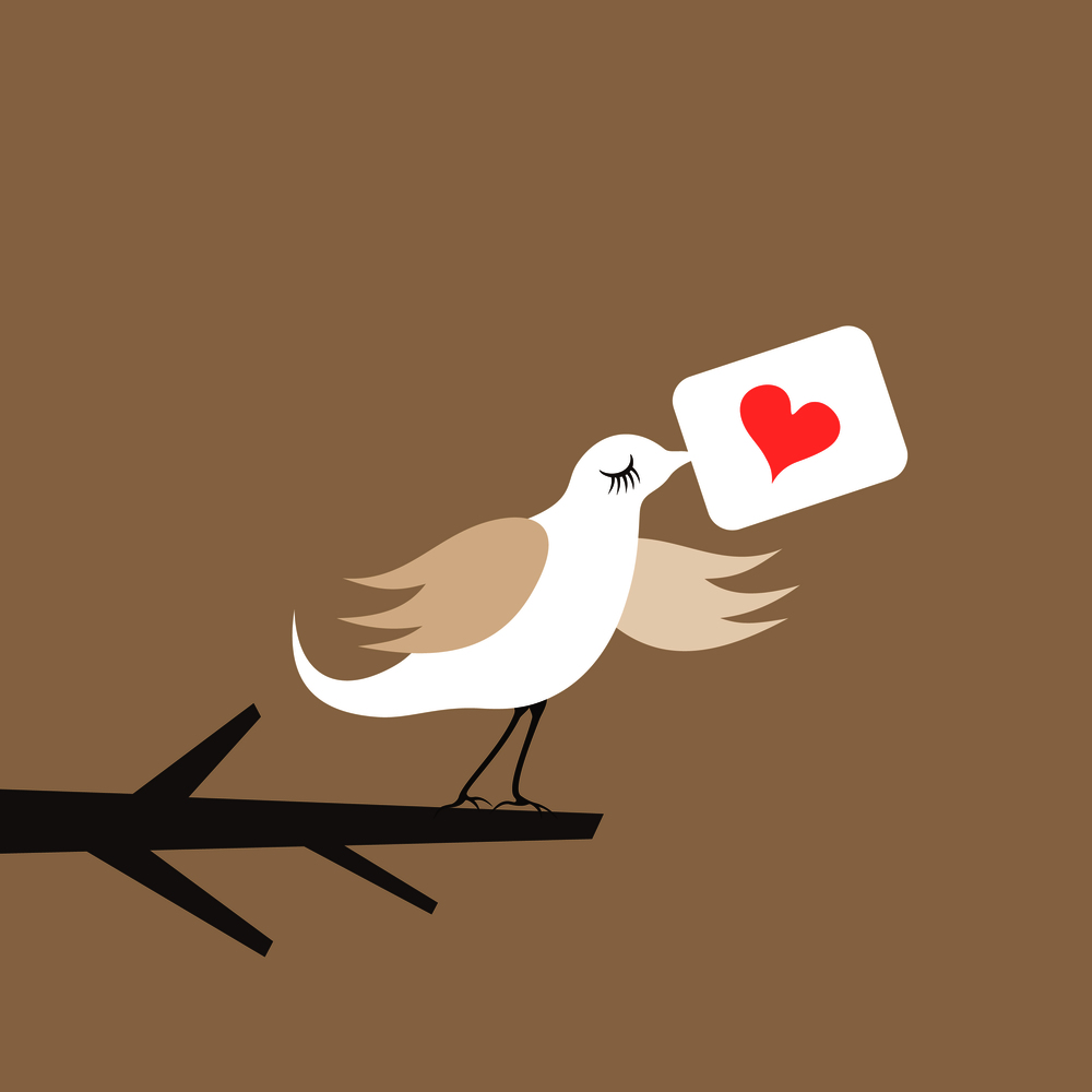 The birdie holds a love card. A vector illustration