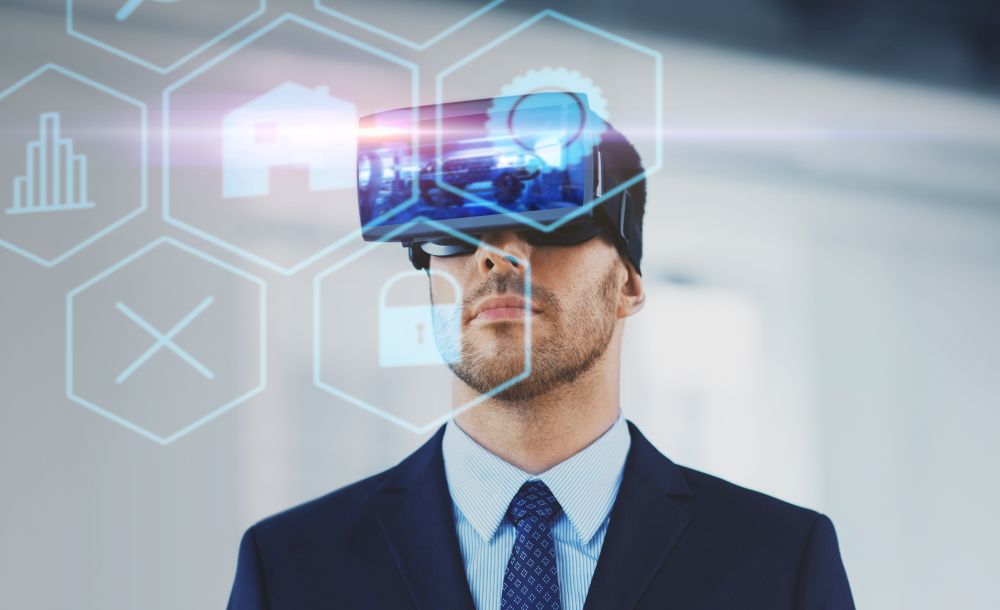 business, technology and augmented reality concept - businessman with vr headset and hologram of menu icons at office. businessman with virtual reality headset at office