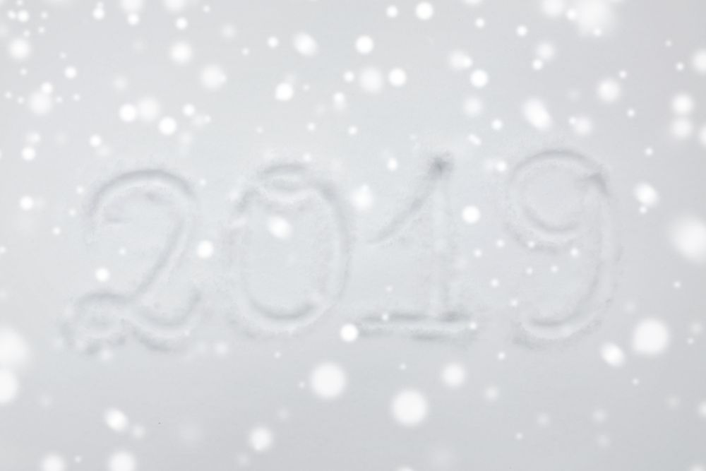 winter holidays and new year concept - calendar number 2019 or date on snow surface. new year 2019 number or date on snow surface
