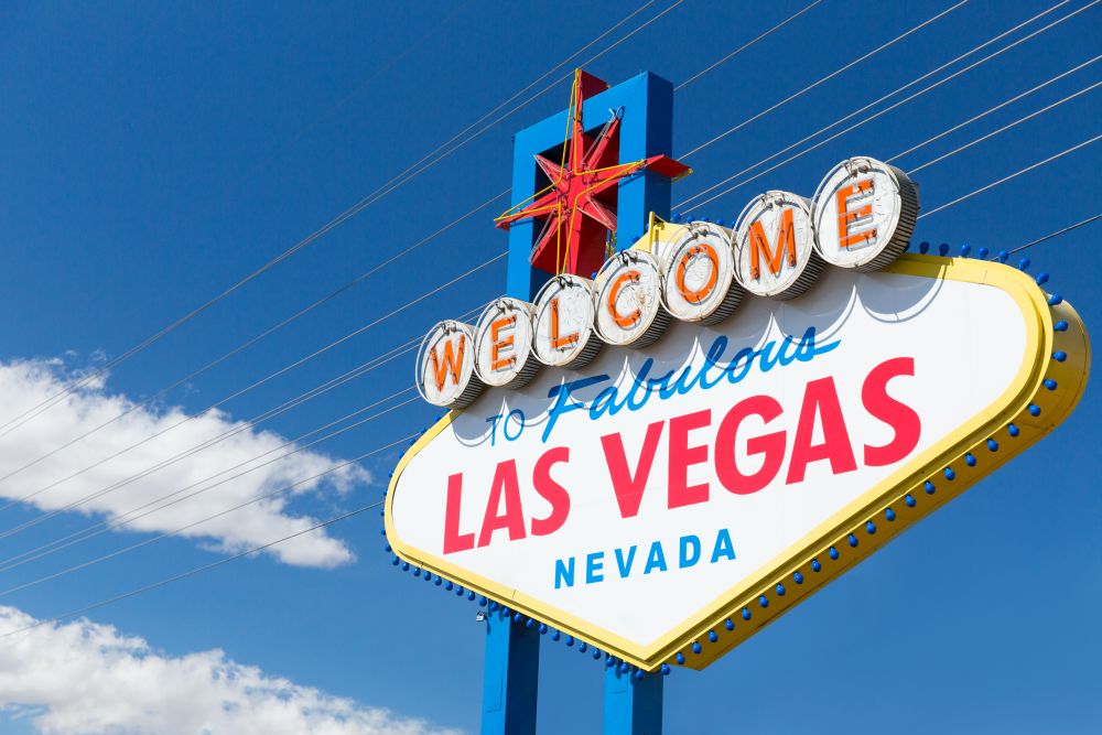 landmarks concept - welcome to fabulous las vegas sign over blue sky in united states of america. welcome to fabulous las vegas sign over blue sky