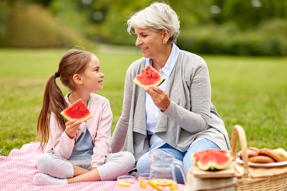 family, leisure and people concept - happy grandmother and granddaughter eating watermelon on picnic at summer park. grandmother and granddaughter at picnic in park