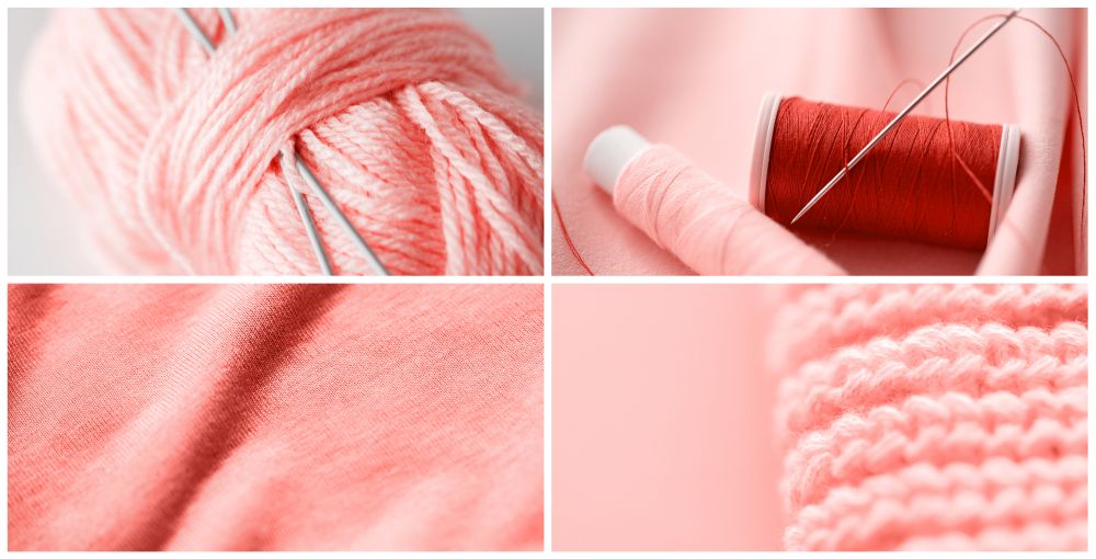 needlework and hobby concept - collage of threads and fabrics in trendy color of the year 2019 living coral. needlework collage in living coral color