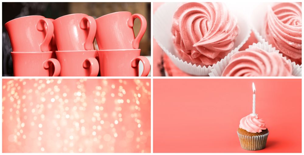 party food and decoration concept - collage of cups, desserts and festive backgrounds in trendy color of the year 2019 living coral. party food collage in living coral color