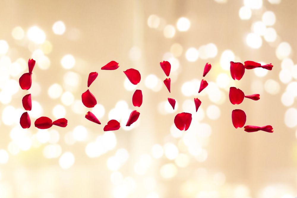 valentines day and romantic concept - word love made of red rose petals over festive lights background. word love made of red rose petals