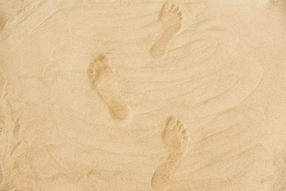 summer vacation concept - trail of footprints in sand on beach. footprints in sand on summer beach