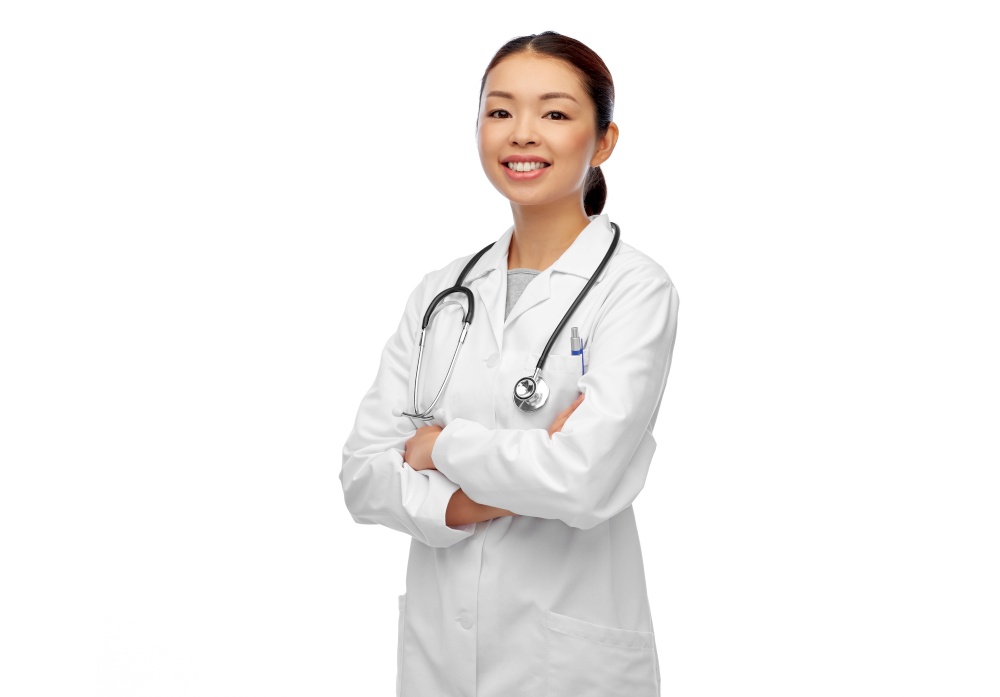 medicine, profession and healthcare concept - happy smiling asian female doctor in white coat with stethoscope. happy smiling asian female doctor in white coat