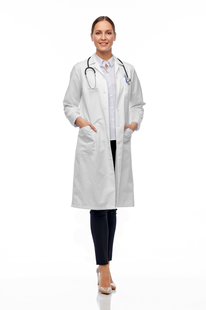medicine, profession and healthcare concept - happy smiling female doctor in white coat with stethoscope. happy smiling female doctor in white coat