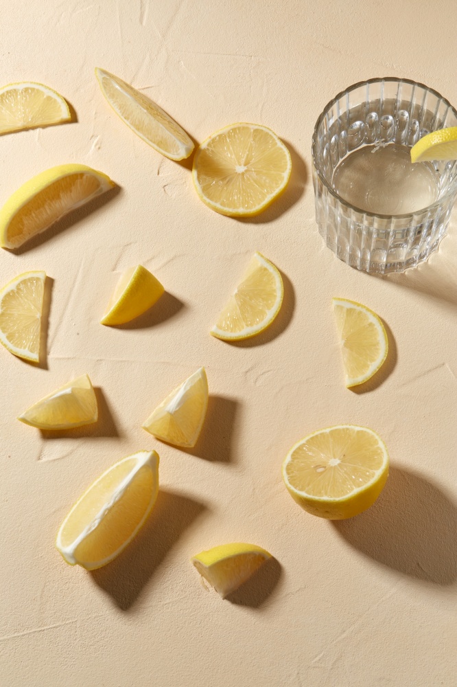 drink, detox and vitaminic concept - glass of water and lemon slices on table. glass of water and lemon slices on table