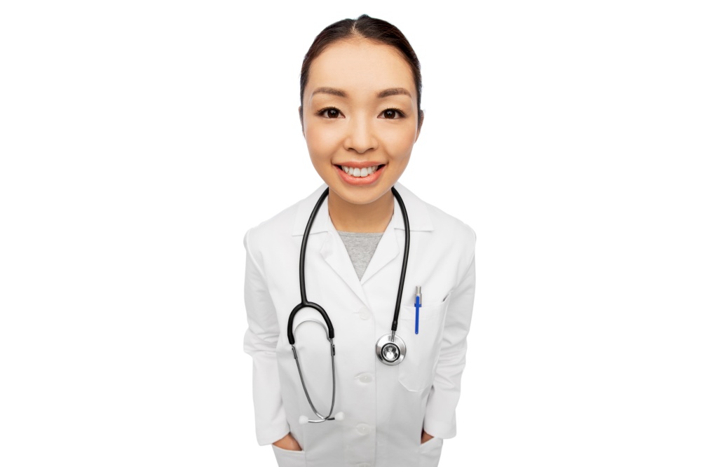 medicine, profession and healthcare concept - portrait of happy smiling asian female doctor in coat with stethoscope over white background. happy smiling asian female doctor with stethoscope
