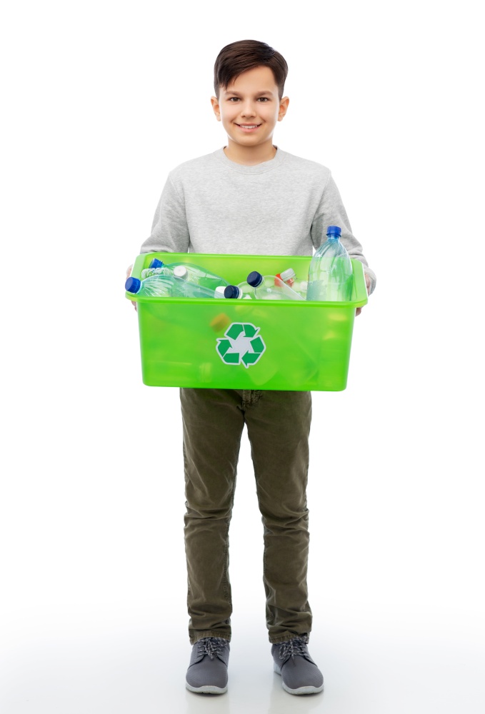 recycling, waste sorting and sustainability concept - smiling boy holding box with plastic bottles over white background. smiling boy sorting plastic waste