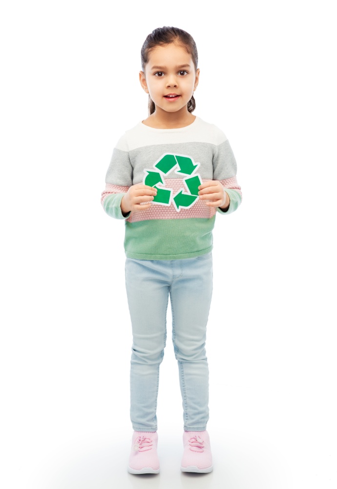 eco living, environment and sustainability concept - smiling girl holding green recycling sign over white background. smiling girl holding green recycling sign