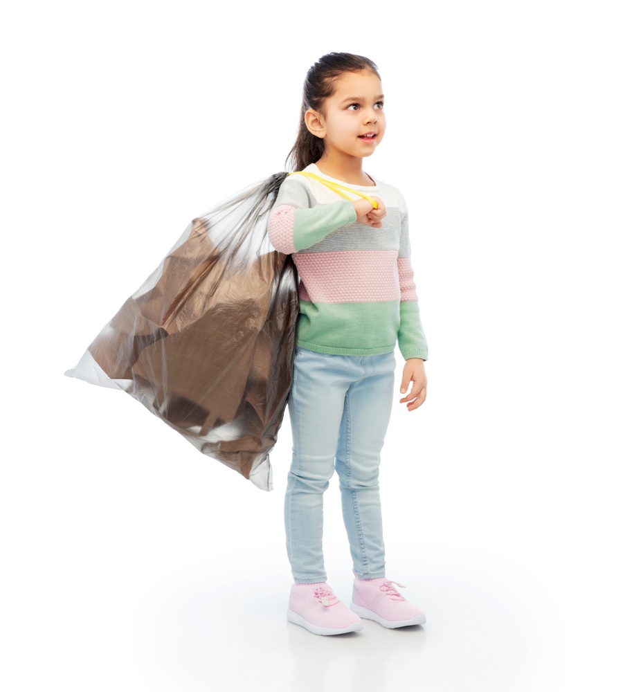 recycling, waste sorting and sustainability concept - smiling girl with paper garbage in plastic bag over white background. smiling girl with paper garbage in plastic bag