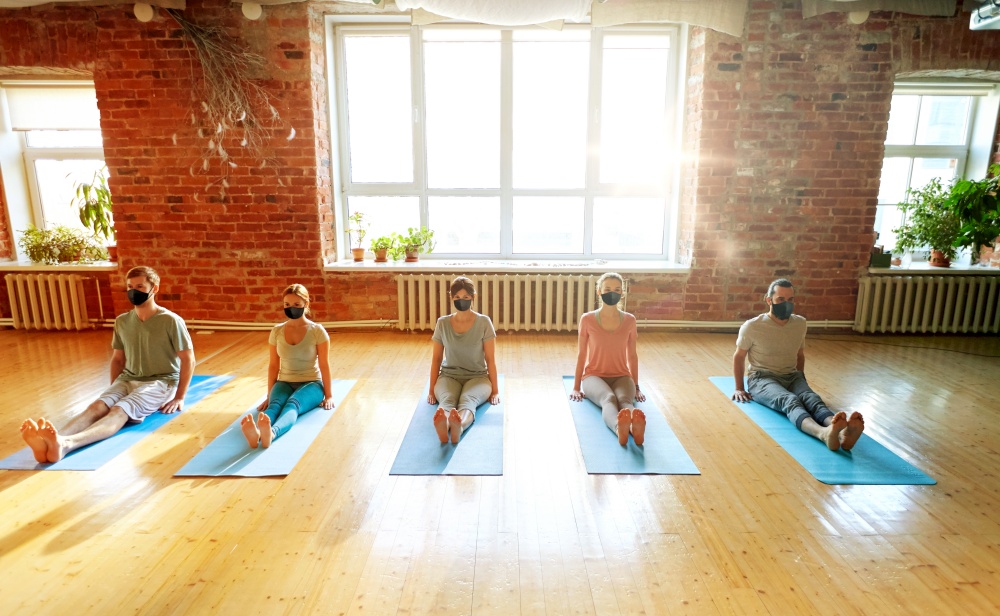 fitness, sport and healthy lifestyle concept - group of people doing yoga seated staff pose on mats at studio. group of people doing yoga staff pose at studio