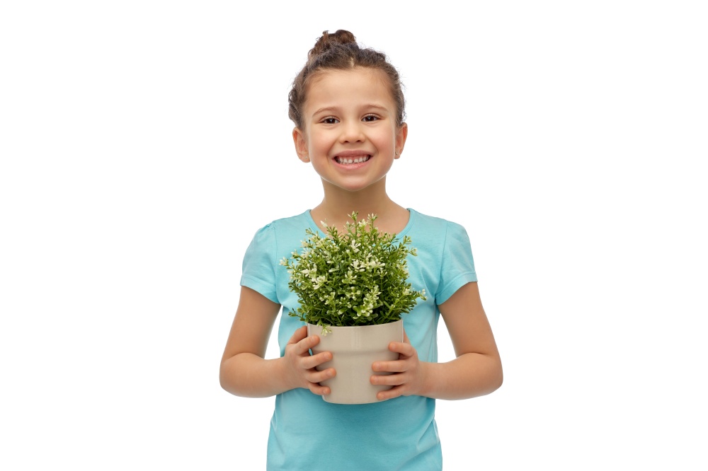 environment, nature and people concept - happy smiling girl holding flower in pot over white background. happy smiling girl holding flower in pot