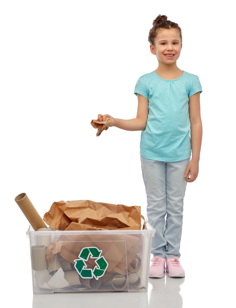 recycling, waste sorting and sustainability concept - smiling girl with paper garbage in plastic box over white background. smiling girl sorting paper waste