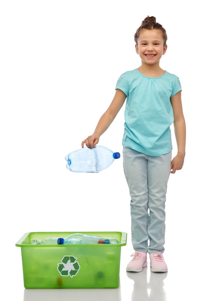 recycling, waste sorting and sustainability concept - smiling girl throwing plastic bottle into box over white background. smiling girl sorting plastic waste