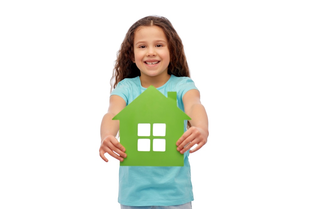eco living, environment and sustainability concept - smiling little girl holding green house icon over white background. smiling little girl holding green house icon