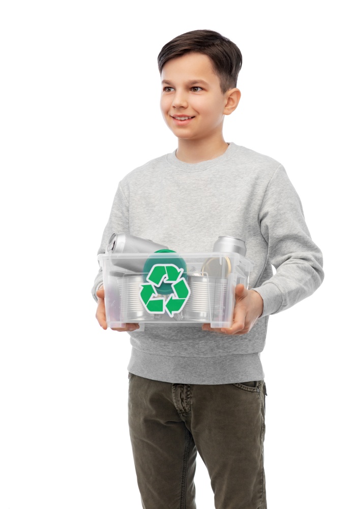 metal recycling, waste sorting and sustainability concept - smiling boy in striped t-shirt holding plastic box with tin cans over white background. smiling boy sorting metallic waste