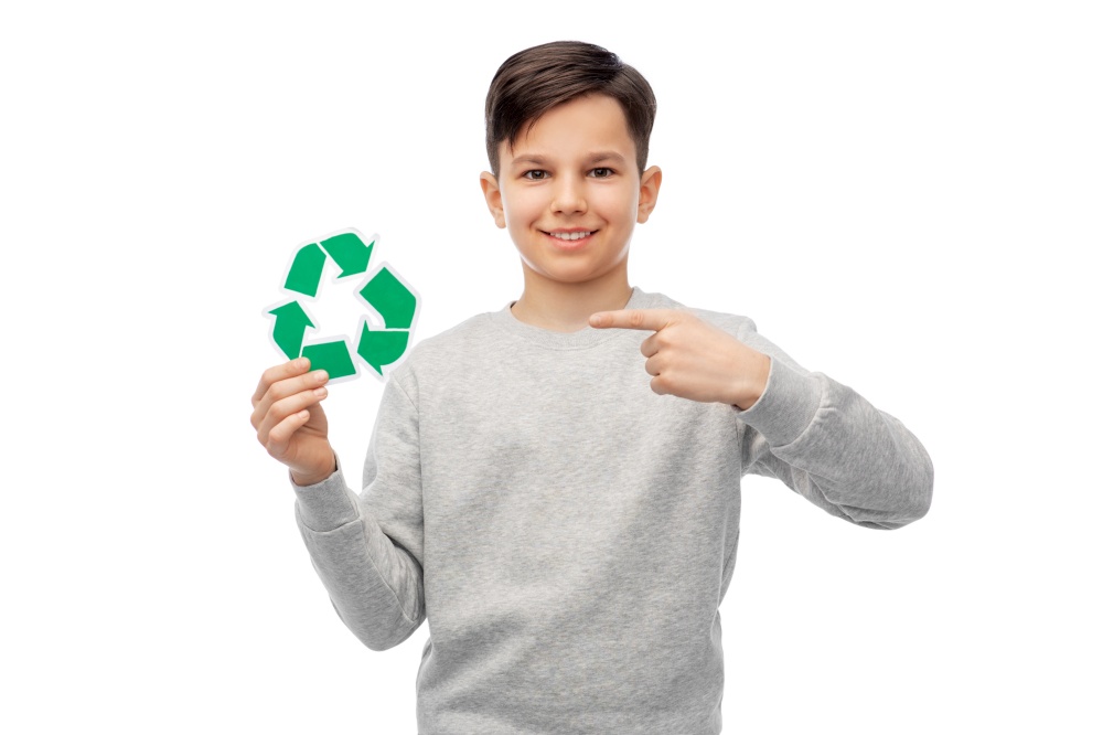 eco living, environment and sustainability concept - smiling boy showing green recycling sign over white background. smiling boy showing green recycling sign