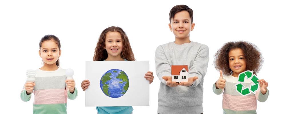 eco living, environment and sustainability concept - smiling girl holding drawing of earth planet over white background. international group of eco friendly children