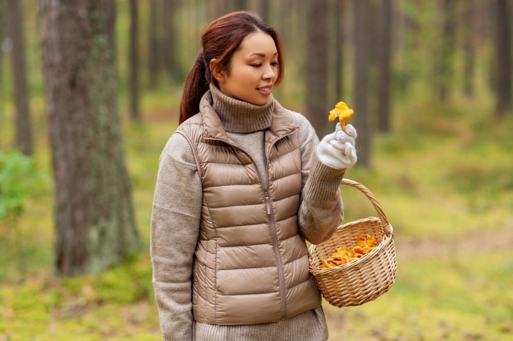 picking season, leisure and people concept - young asian woman with basket and chanterelle mushroom in autumn forest. young woman picking mushrooms in autumn forest