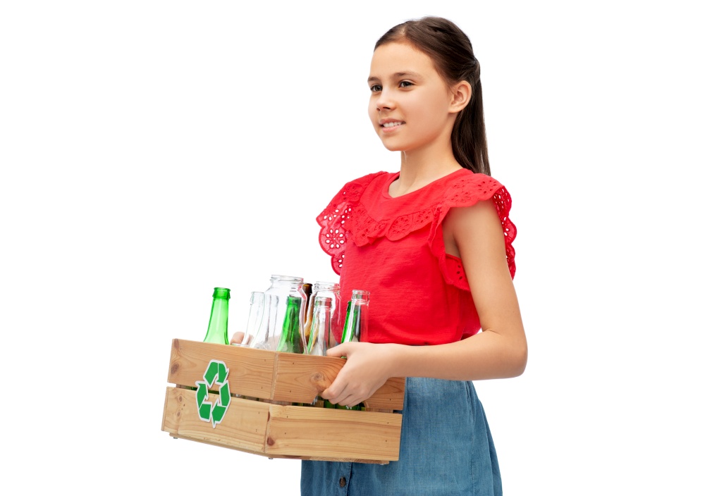 recycling, waste sorting and sustainability concept - smiling girl holding wooden box with glass bottles and jars over white background. smiling girl with wooden box sorting glass waste