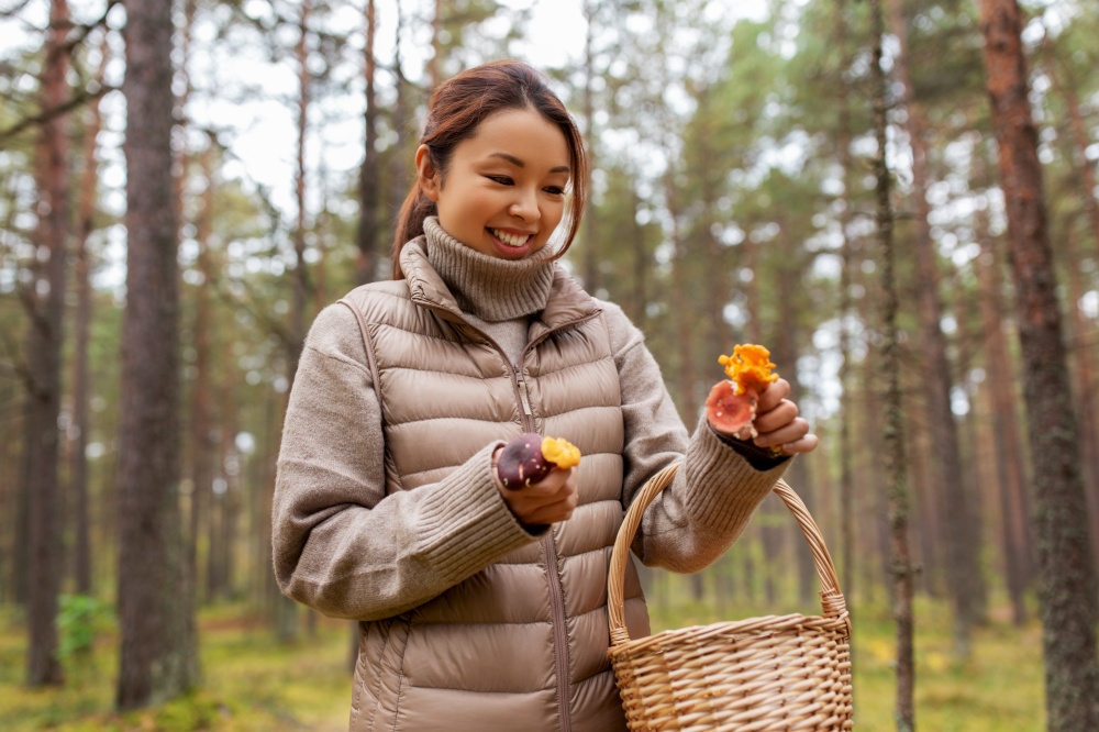 picking season, leisure and people concept - young asian woman with basket and chanterelle mushrooms in autumn forest. young woman picking mushrooms in autumn forest