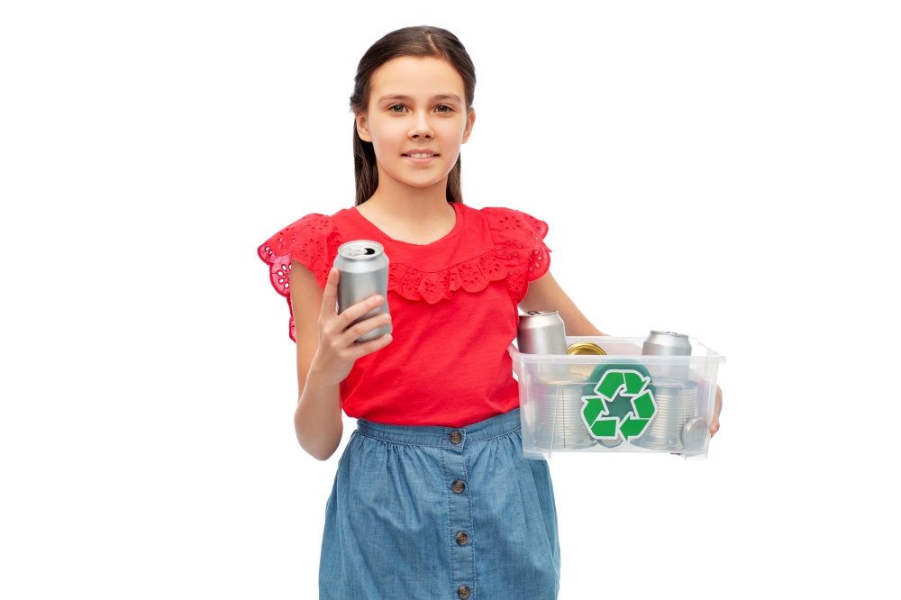 metal recycling, waste sorting and sustainability concept - smiling girl holding plastic box with tin cans over white background. smiling girl sorting metallic waste