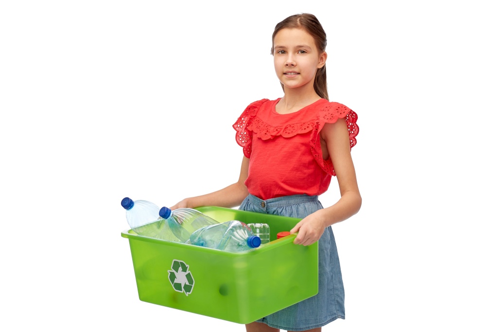 recycling, waste sorting and sustainability concept - smiling girl holding box with plastic bottles over white background. smiling girl sorting plastic waste