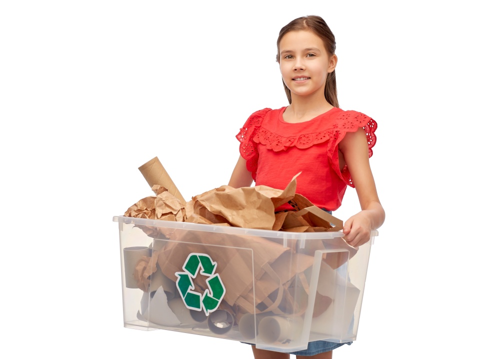 recycling, waste sorting and sustainability concept - smiling girl with paper garbage in plastic box over white background. smiling girl sorting paper waste