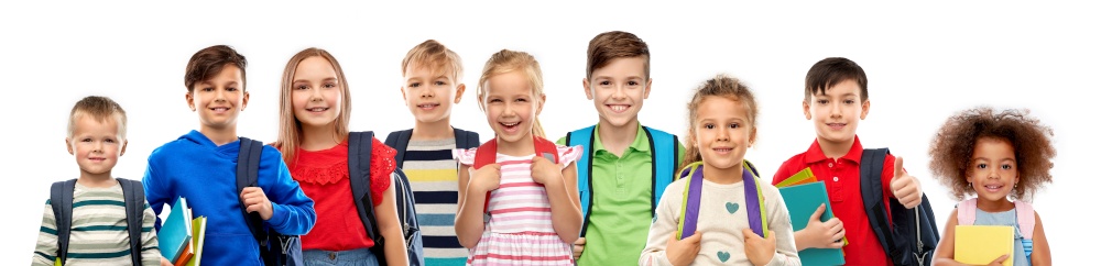 education, learning and people concept - group of happy smiling international children with school bags over white background. happy international children with school bags