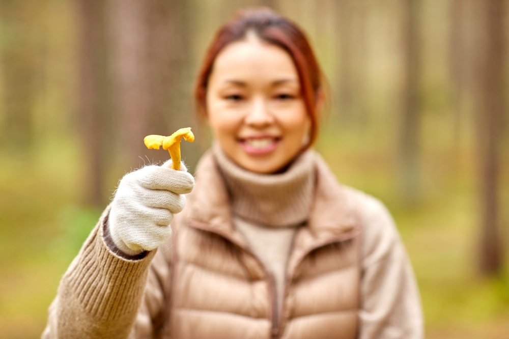 picking season, leisure and people concept - close up of young asian woman holding chanterelle mushroom in autumn forest. young asian woman with mushroom in autumn forest