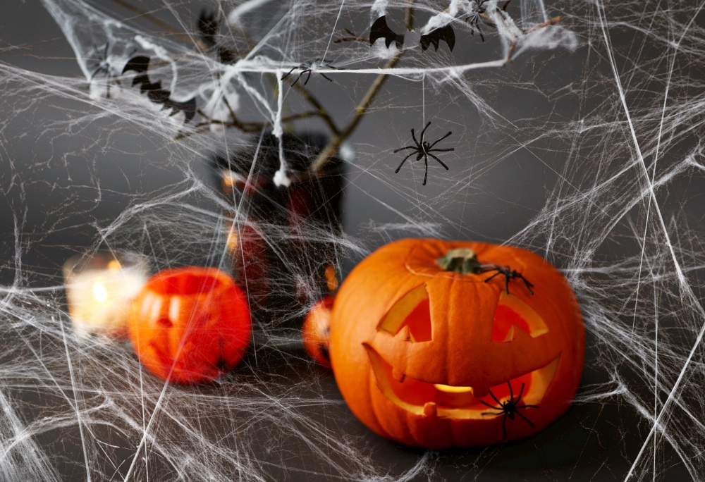 halloween and holiday decorations concept - jack-o-lantern or carved pumpkin, spiders and bats on spiderweb. pumpkins, spider web and halloween decorations
