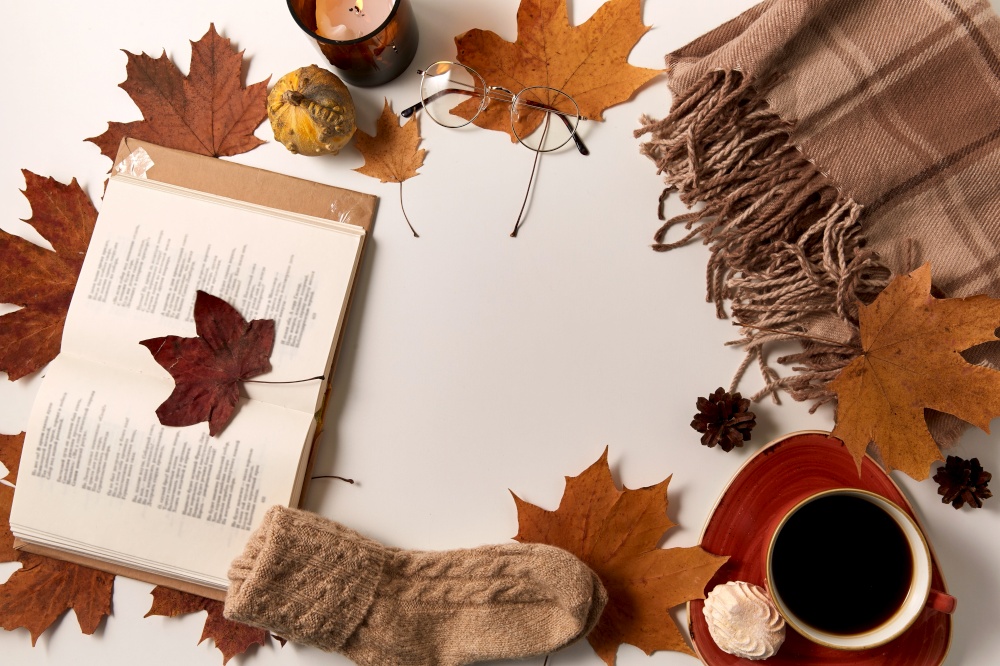 season and objects concept - open book, cup of coffee, meringue, wool warm socks, plaid and maple leaves on white background. book, coffee, socks, blanket and autumn leaves