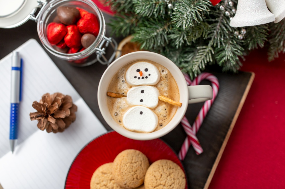 christmas, winter holidays and leisure concept - close up of marshmallow snowman in cup of coffee. marshmallow snowman in cup of coffee on christmas