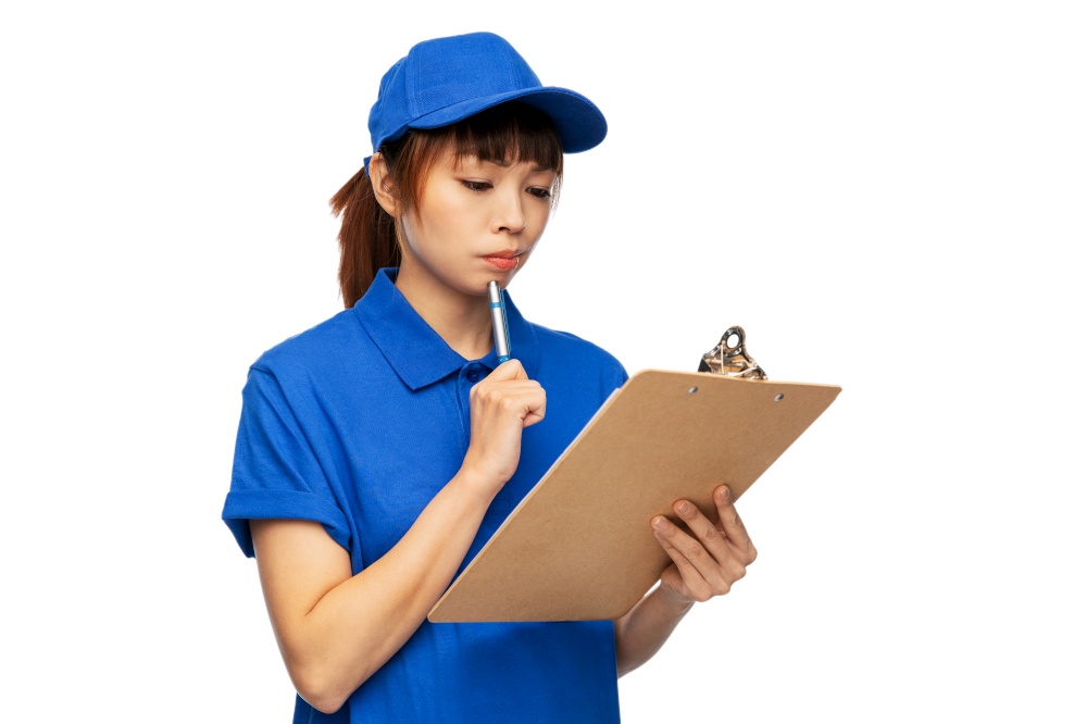 profession, job and people concept - delivery woman in blue uniform with clipboard and pen over white background. delivery woman with clipboard and pen