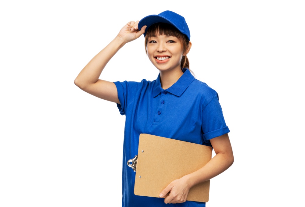 profession, job and people concept - happy smiling delivery woman in blue uniform with clipboard over white background. happy delivery woman with clipboard