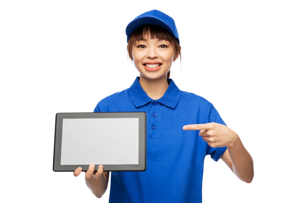profession, job and people concept - happy smiling delivery woman in blue uniform with tablet pc computer over white background. happy smiling delivery woman with tablet computer