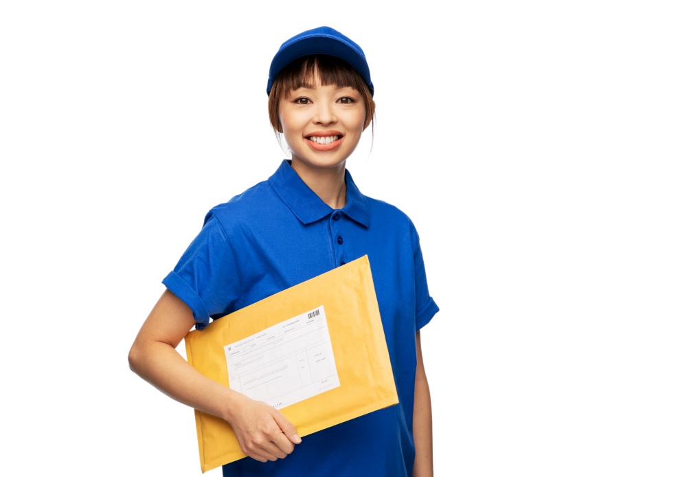profession, job and people concept - happy smiling delivery woman in blue uniform holding parcel envelope over white background. happy delivery woman holding parcel envelope