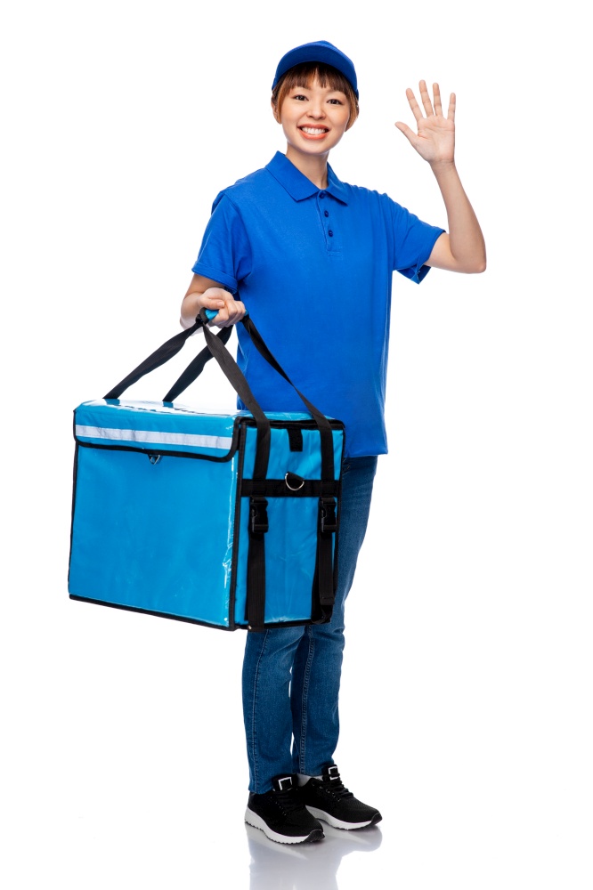 food shipping, profession and people concept - happy smiling delivery woman with thermal insulated bag over white background. delivery woman with thermal insulated bag