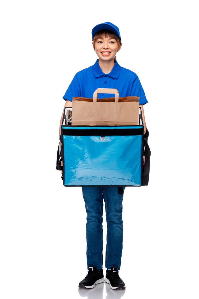food shipping, profession and people concept - happy smiling delivery woman with thermal insulated bag over white background. delivery woman with thermal insulated bag