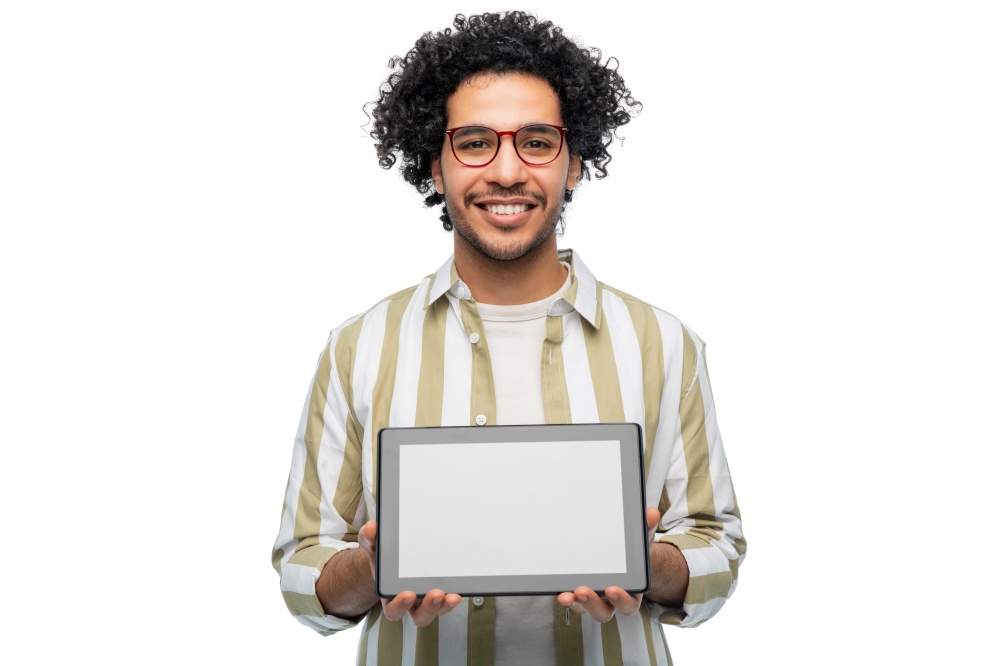 technology and people concept - happy young man in glasses with tablet pc computer over white background. happy young man with tablet pc computer