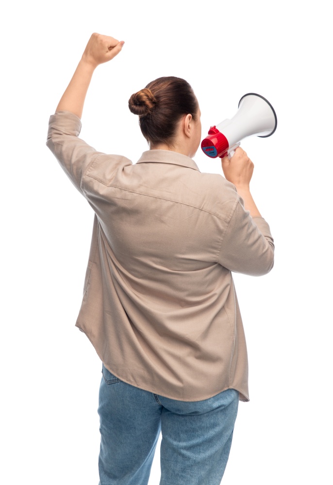 feminism and human rights concept - woman with megaphone protesting on demonstration over white background. woman with megaphone protesting on demonstration