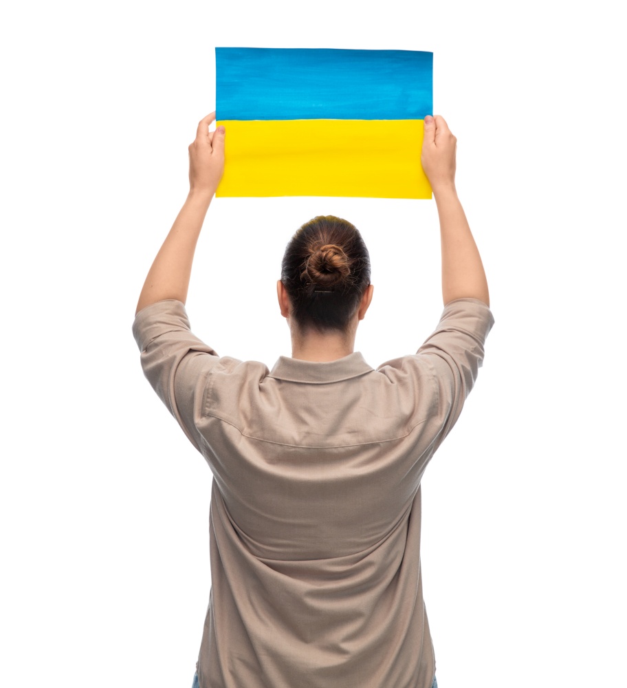independence day, patriotic and human rights concept - woman holding flag of ukraine on demonstration over white background. woman holding flag of ukraine