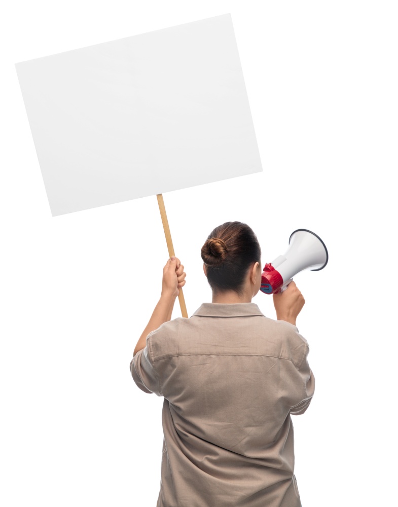 feminism and human rights concept - woman with poster and megaphone protesting on demonstration over white background. woman with megaphone protesting on demonstration