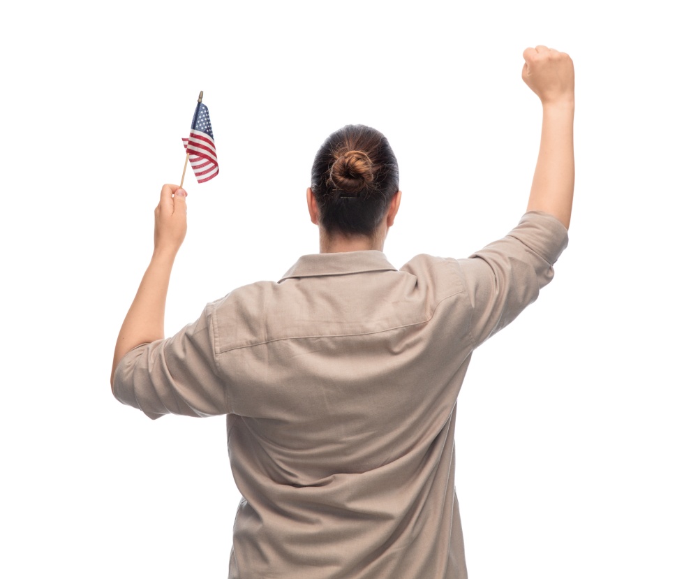 independence day, patriotic and human rights concept - woman with flag of united states of america protesting on demonstration over white background. woman with flag of united states of america