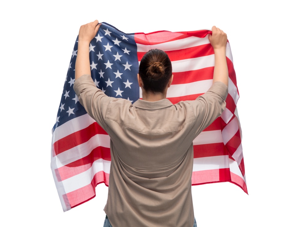 independence day, patriotic and human rights concept - woman with flag of united states of america protesting on demonstration over white background. woman with flag of united states of america