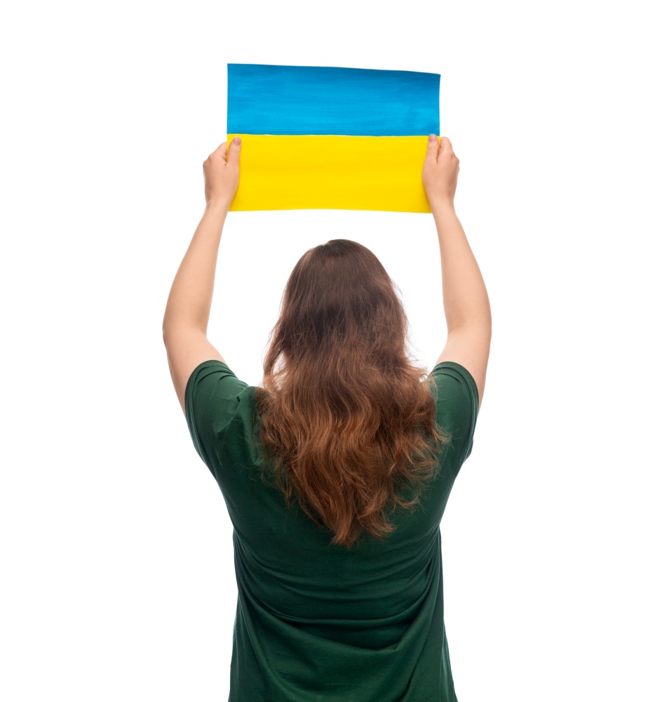 independence day, patriotic and human rights concept - woman holding flag of ukraine on demonstration over white background. woman holding flag of ukraine