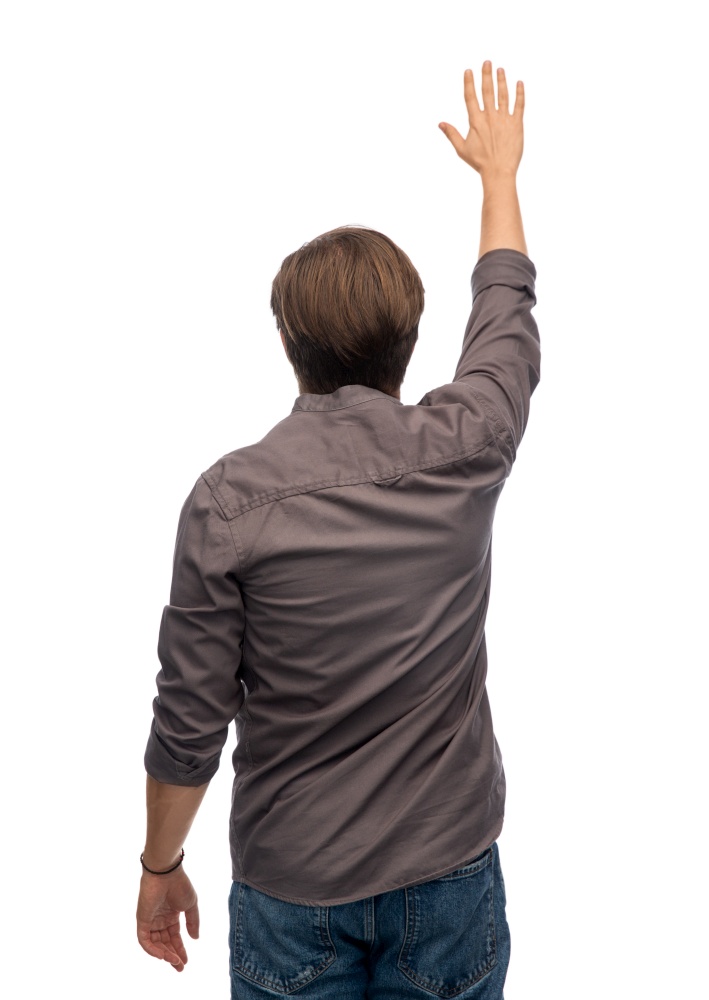 people and human rights concept - man with raised hand showing stop gesture over white background. man with raised hand showing stop gesture