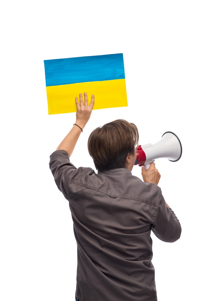 independence day, patriotic and human rights concept - man with megaphone holding flag of ukraine on demonstration over white background. man with megaphone holding flag of ukraine